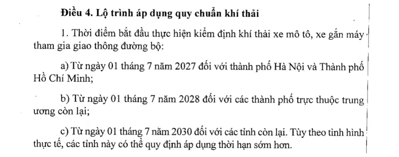 Khoản 1 Điều 4 Quyết định 13/2026/QĐ-TTg: mốc bắt đầu kiểm định khí thải xe mô tô, xe gắn máy theo địa phương