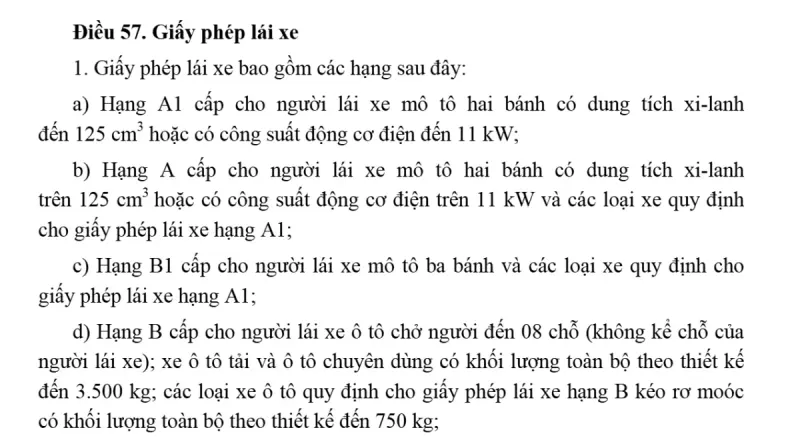 Khoản 1 Điều 57 Luật số 36/2024/QH15: các hạng giấy phép lái xe A1, A, B1, B