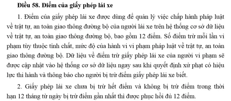 Điều 58 Luật Trật tự, an toàn giao thông đường bộ 2024: điểm của giấy phép lái xe gồm 12 điểm, phục hồi đủ 12 điểm sau 12 tháng không bị trừ